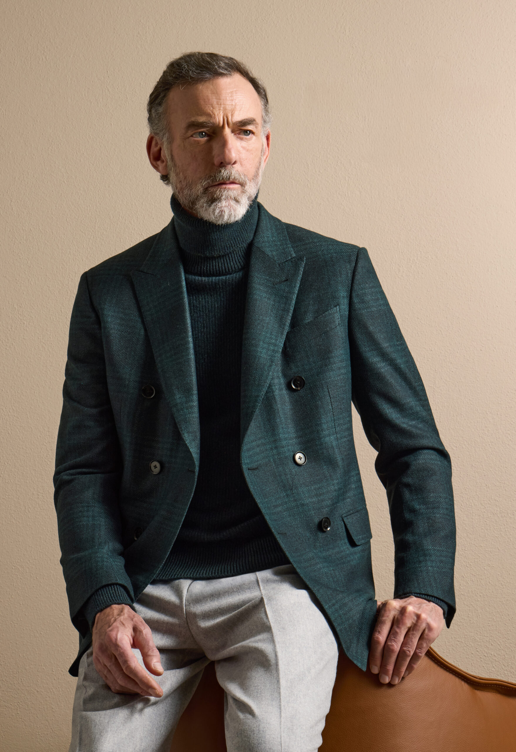 Double-breasted green jacket modelled for Bespoke, DIFC