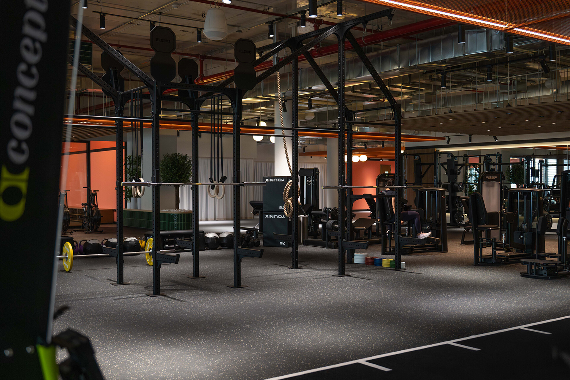 Training floor with rigs and machines at Warehouse Gym Al Barsha Ladies, Grove Mall